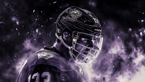 Purple spectral portrait of armored ice hockey forward in motion.