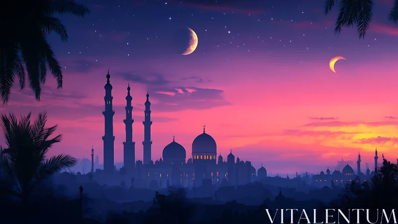 Twin crescent moons over violet desert mosque skyline.
