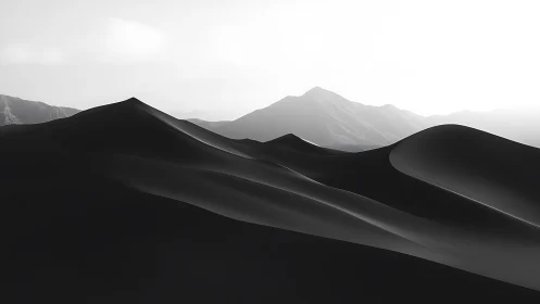 Monochrome desert dunes with soft backlit mountain silhouettes.
