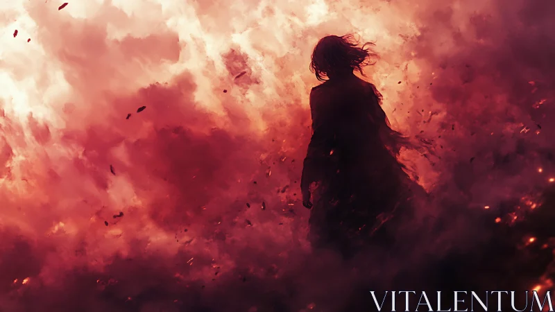 Silhouetted wanderer walks through blazing crimson storm.