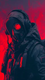 Tactical gasmask operative in neon red monochrome lighting.
