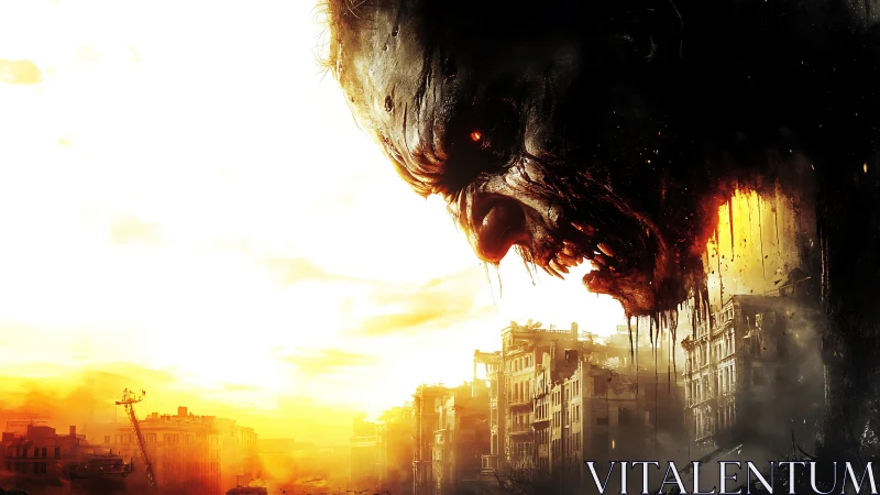 Colossal decaying zombie head looms over apocalyptic cityscape