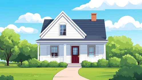 Suburban gabled cottage under vector-clear midlatitude sky.