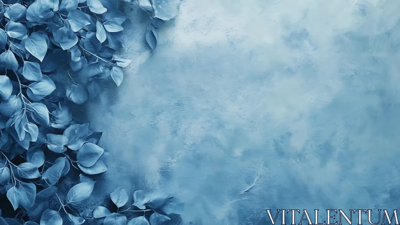 Monochrome blue foliage framing textured abstract background.