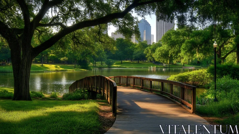 Curved wooden park bridge leads calmly toward a sunlit city