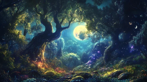 Luminescent Forest Cathedral: Moonlit Canopy Through Ancient Trees.