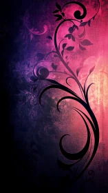 Floral silhouette curls over magenta violet textured gradient.