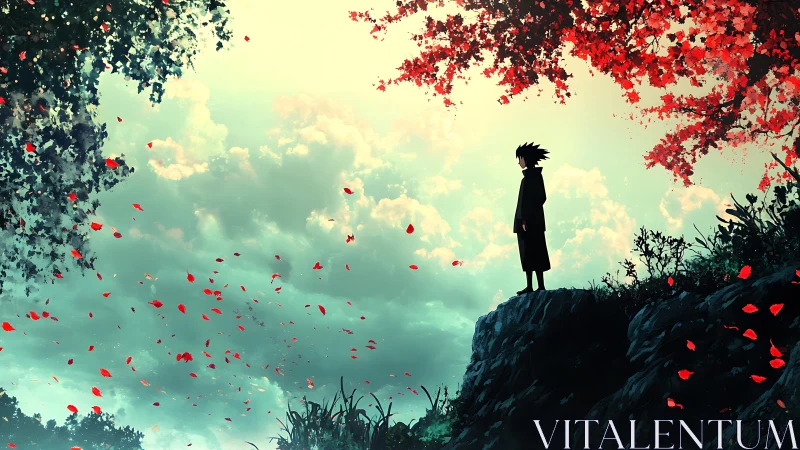 Silhouetted figure on cliff beneath red autumn foliage.