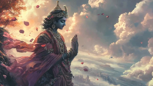 Robe-clad figure stands in profile amid drifting petals and clouds