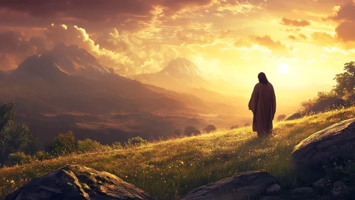 Solitary robed figure overlooking sunlit mountain valley.