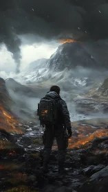 Solitary explorer facing erupting volcanic mountain valley