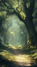 Misty Old-Growth Forest Path: Luminous Canopy and Ancient Trees