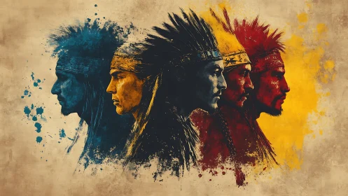 Four warrior profiles in bold blue, red, and yellow paint.