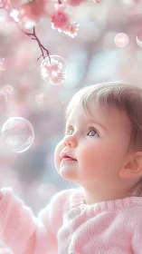Child gazing upward among floating bubbles and blossoms.