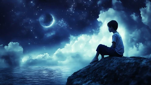 Solitary child seated on rock under crescent moon sky.