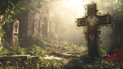 Overgrown stone cemetery cross in volumetric dawn light