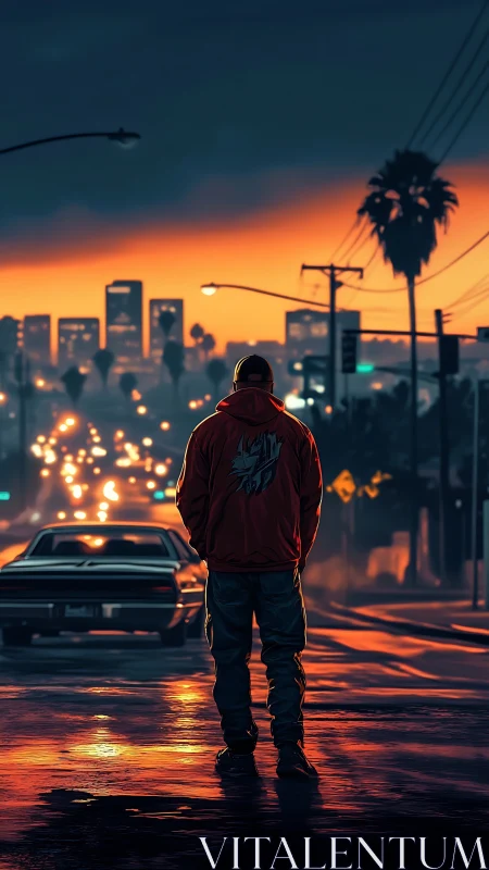 Solitary figure on wet urban street at dusk with skyline.