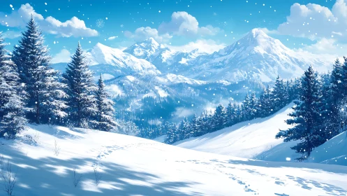 Snowy mountains welcome quiet footsteps into soft blue light