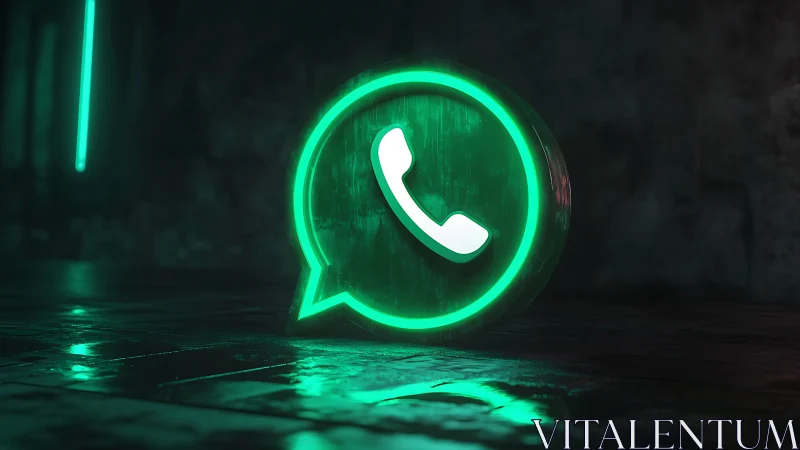 Neon WhatsApp call icon glowing on wet dark floor.