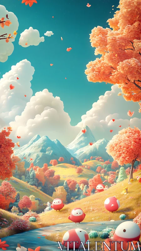 Soft autumn valley with playful round critters at rest.