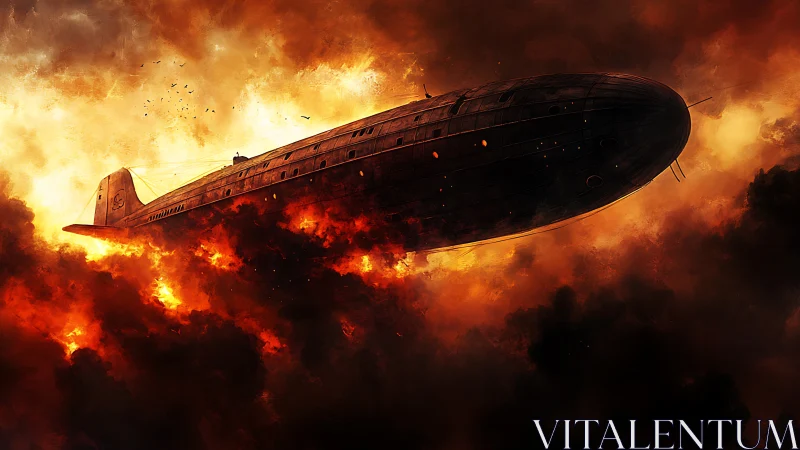 Large rigid airship traverses dense fire and smoke field