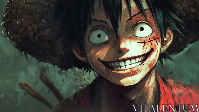 Straw hat warrior grins through blood and storm chaos.