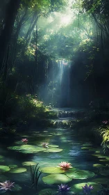 Lush forest pond with waterfall and pink water lilies.