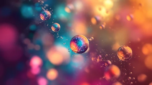 Iridescent liquid spheres drift through multicolored bokeh field