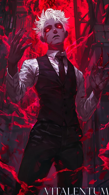Demonic white haired figure in blood red infernal aura.