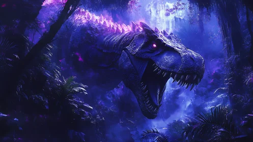 Bioluminescent tyrannosaur roars in neon-lit alien jungle gorge
