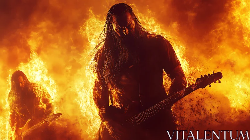 Metal guitarists engulfed in blazing inferno stage fire.