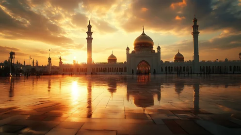 Sunlit mosque courtyard with reflective marble and golden domes