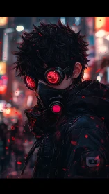 Neon rogue in crimson goggles stalks the cyber night streets.