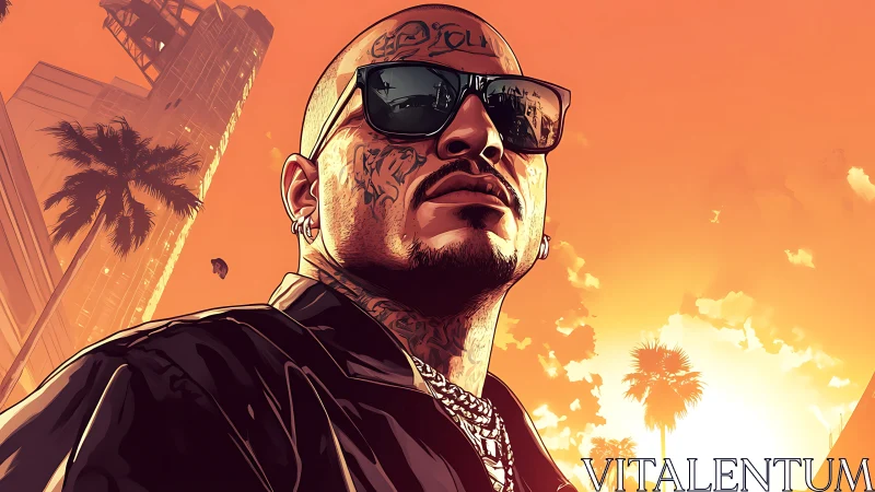 Urban sunset portrait of tattooed man in bold shades.