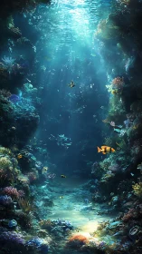Underwater coral canyon with fish and filtered sunlight beams.