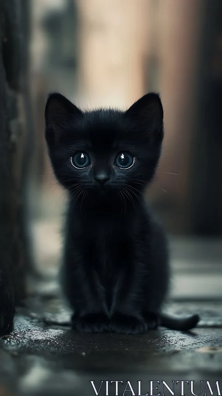 Black feline kitten with luminous eyes in urban setting.