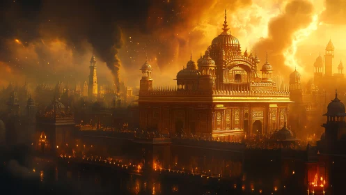 Emberlit golden citadel rising through smoke and twilight fire.