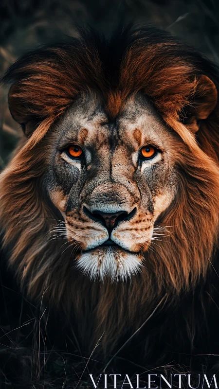 Ember-eyed savannah king staring down the twilight hush.