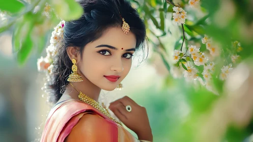High-saturation digital portrait of woman in sari with floral bokeh