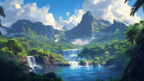 Mountain basin with tiered waterfalls and dense vegetation.