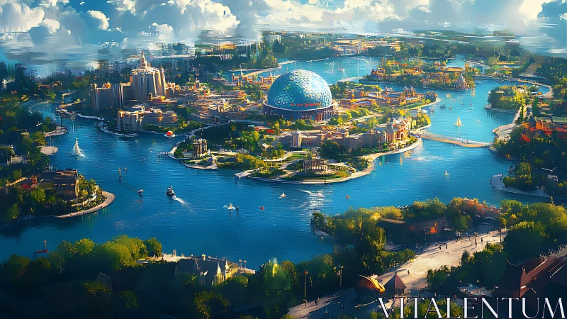 Futuristic island cityscape encircles a geodesic dome under daylight