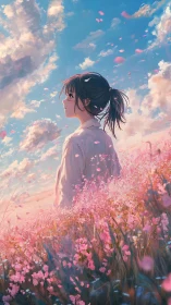 Girl in pink flower field under expansive sky at dusk.