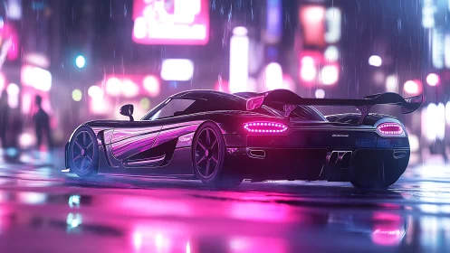 Neon-lit supercar waits in rainy cyberpunk city streets