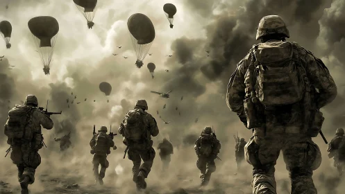 Infantry assault under smoke-choked sky with drifting balloons.