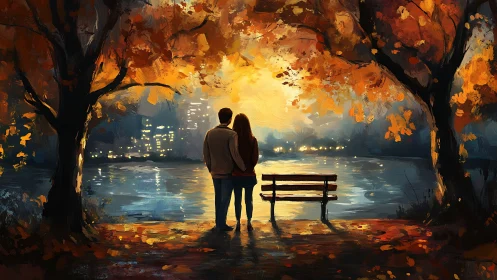 Couple Standing Together on Autumn Riverbank at Dusk.