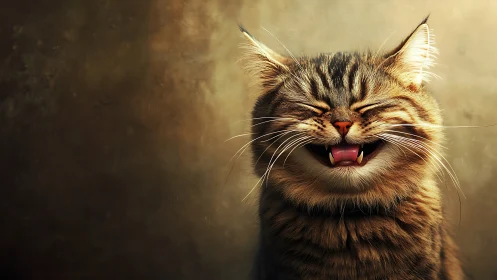 Joyful Tabby Cat Laughing with Golden Warmth.