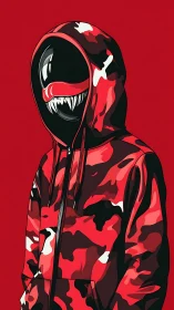 Graphic streetwear creature in red camo hooded profile illustration.