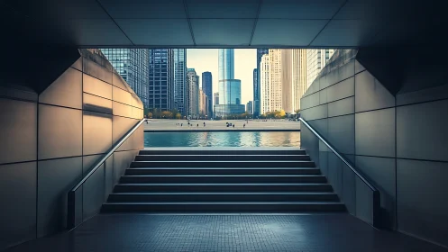 Urban riverside view from underpass stairway frame.
