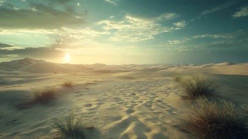 Desert sunrise over wind-shaped dunes and sparse grasses.