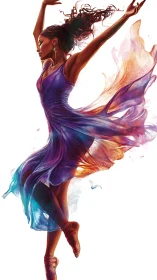 Female dancer in mid-leap with flowing multicolor dress.